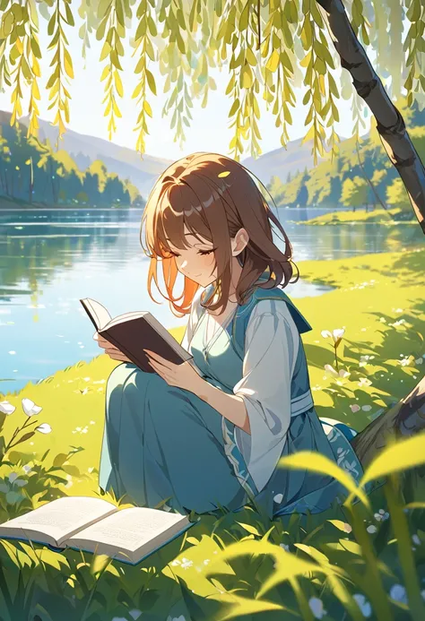 Anime Style, Girl reading a book by the lake, Bright colors, spring, Willow Branch, comfortable, Warm sunshine