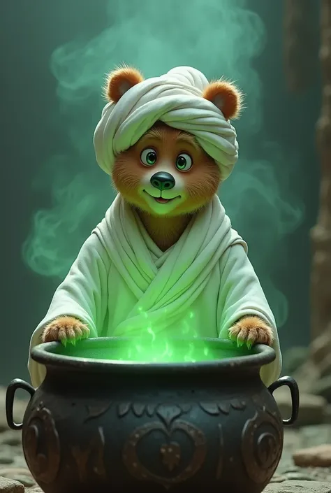 a bear, Pixar style, white turban and white clothes, in front of a cauldron of green light