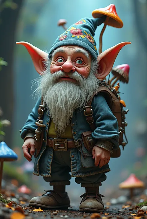 An elderly and Crazy gnome eating a blue mushroom and hallucinating. Hes got mushrooms of various colours growing on his clothes and body. 
He os carrying ALL sorte of things with hum, like a tinkerer