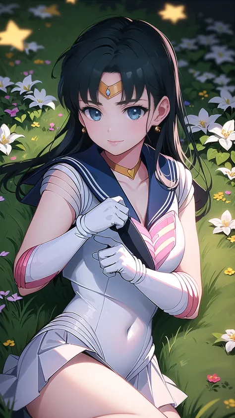 (Extreme Detail CG Unity 8K wallpaper, masterpiece, highest quality), (exquisite lighting and shadow, highly dramatic picture, cinematic lens effect), (Sailor Moon: 1.4), delicate facial features, charming smile, star eyes, ((dark green hair)), tight top, ...