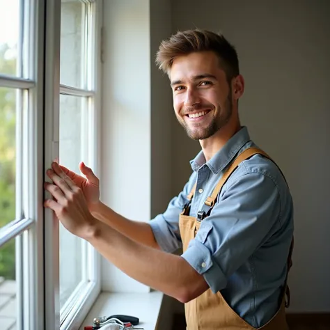 realistic images for young man performing new window replacement service with gentle smile and looking forward