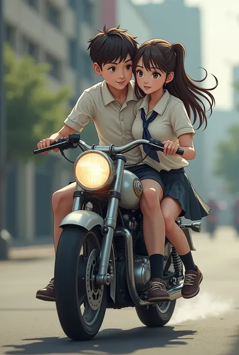 Teenager guy on single motorcycle with teenager girl wearing uniform
