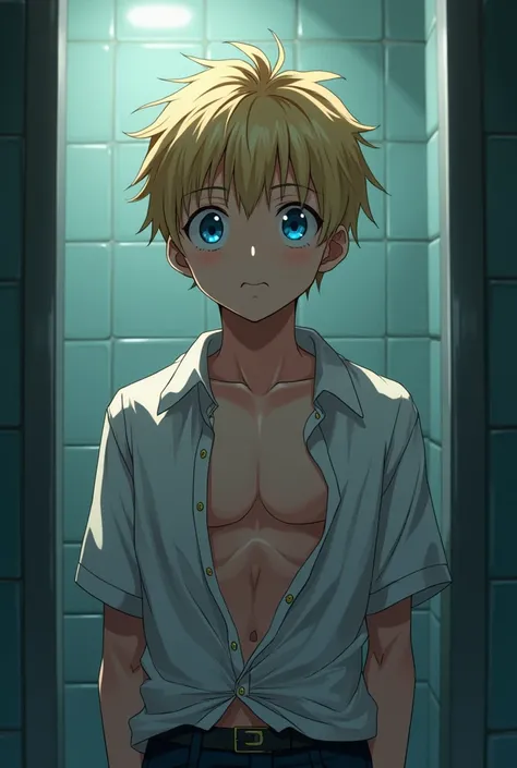 A handsome schoolboy with blond short well-styled hair and blue eyes unbuttons his shirt revealing toned body and is horrified to discover that he has begun to turn into a monster. All this is happening in the school mens room. Anime. 