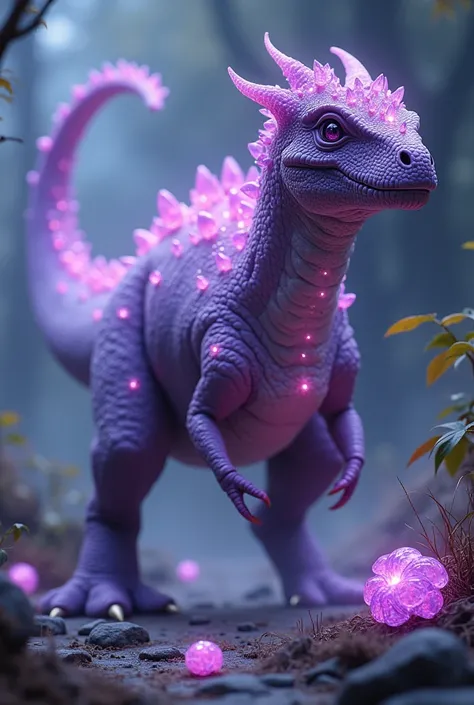 A lilac dinosaur with purple stones on its body that glows