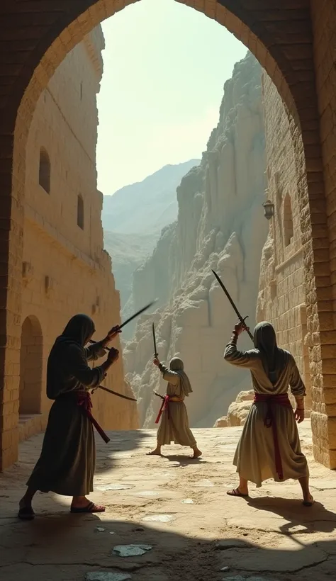 "A group of Assassins practicing combat, wearing lightweight tunics and sandals, 11th-century Persia, training in a hidden mountain courtyard within the Alamut fortress, stone walls surrounding them with the sky visible above, hyper-realistic, photo realis...