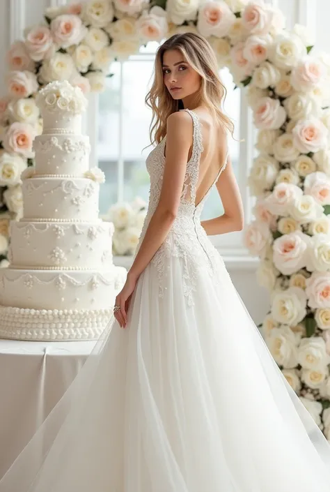 wedding one girl sexy wedding cake white dress white scenery white cake gorgeous flowers