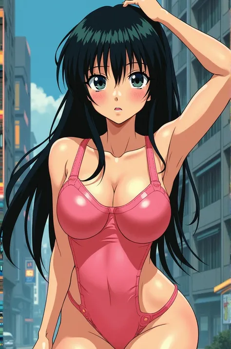 High quality photo of Ram from Urusei Yatsura, realistic photo, full body drawing in the real world, very large saggy breasts, see-through nipples, see-through pussy, cyberpunk Japanese background