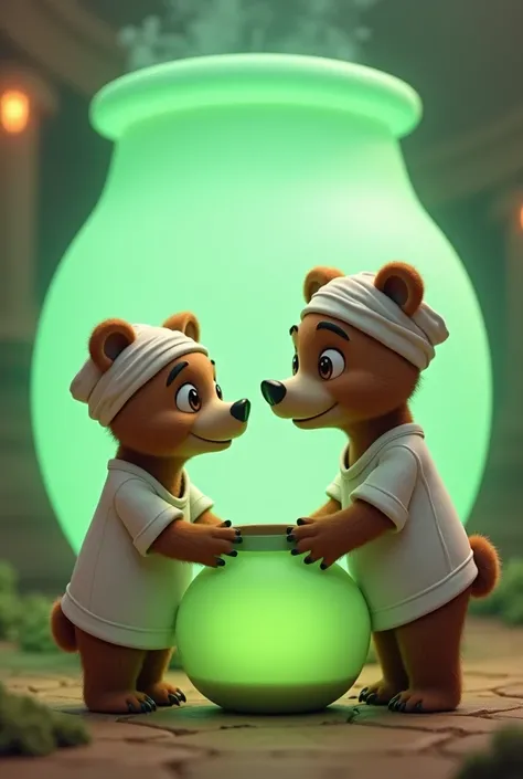 two bears, Pixar style, white turban and white clothes, in front of a large pot of green light