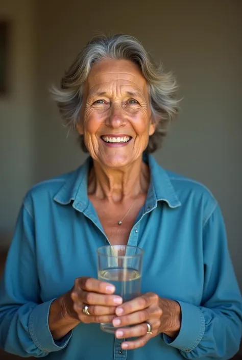 60 year old Brazilian lady smiling, in a blue shirt holding a glass of water