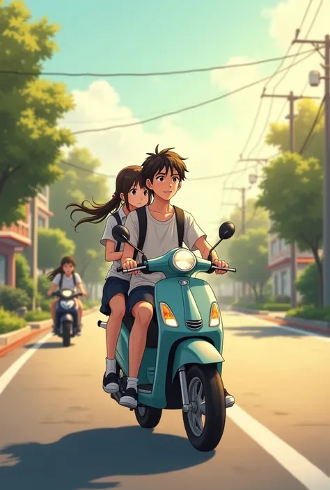 Teenager guy on single motorcycle with teenager girl wearing school uniform normal on the way home
