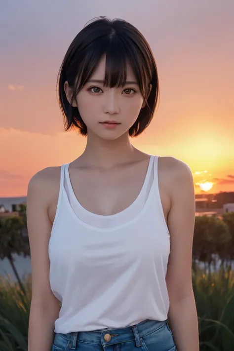 masterpiece, Best Quality, One Woman, (RAW Photos, Best Quality), (reality, Realistic:1.4), Clean look、Iris、Very detailed eyes and face, Beautiful and detailed nose, beautiful eyes, Perfect Anatomy, Black short hair、bangs、Orange tank top, Shorts、Mid-chest、...