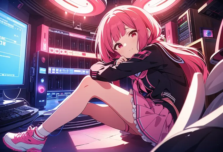 beautiful girl amazing quality 4k vtuber with red eyes, multi-colored hair blue and black with pink ribbon, short pleated skirt, long sleeve sailor style blouse, long white stockings, pink tennis shoes with black, vtuber youtuber in the recording studio ro...