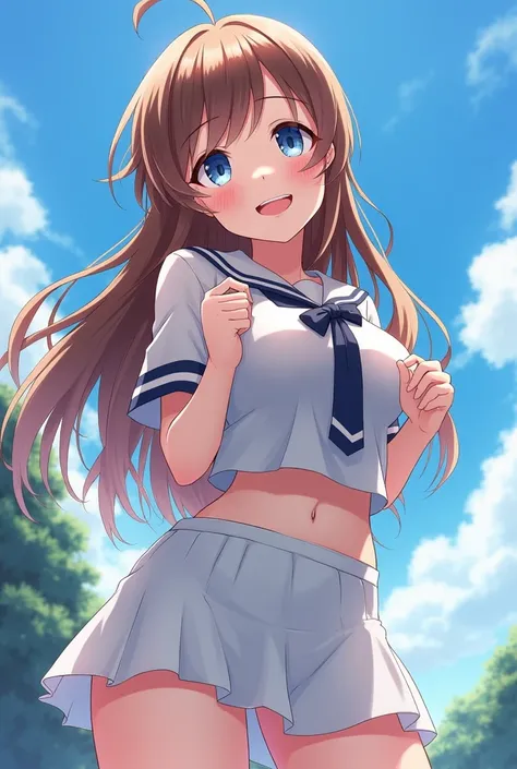 blue eyes, Long Hair, Brown Hair,
One girl, Best Quality, Very large breasts, Short white skirt,Young woman,Short sleeves,Blue outdoor location,smile,Show the whole body,Uniform with ribbon around the chest,View from below