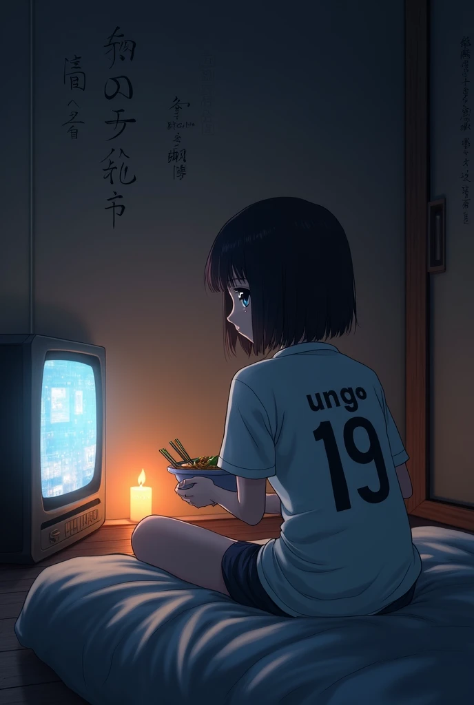 oblique girl watching TV anime story in a dark room sitting on the mattress eating ramen wearing a white shirt there is writing on the back of the shirt &quot;ung&quot; there is the number 19 background in the bedroom with ultra beautiful candlelight there...