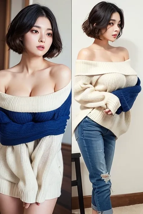 Highest quality、Anime Style、woman、slim、Tall、boyish、Too big breasts、emphasize、Short Hair、Off-the-shoulder sweater