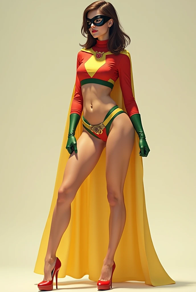 Robin 1966 metrosexual girl  robin 1966 lycra  
costume red green thong  and yellow short cape  complete body picture Black eye mask