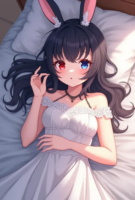 anime animation style, tender, rabbit girl, long obsidian black hair, with one red eye and one blue eye, Wearing a wedding dress, lying on the bed showing her ass. with a chain around the neck, focusing on her ass. full body. 