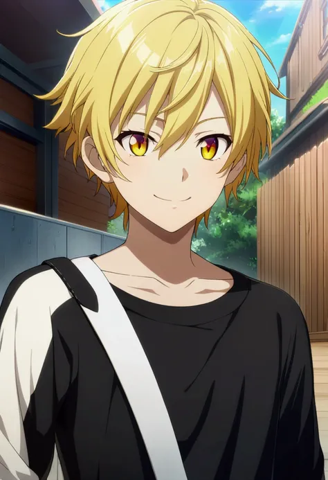 1boy, short hair, yellow hair, green highlights, golden eyes, sharp pupil, sun glasses, mischievous smile, black clothes, teenage, CG, screenshot