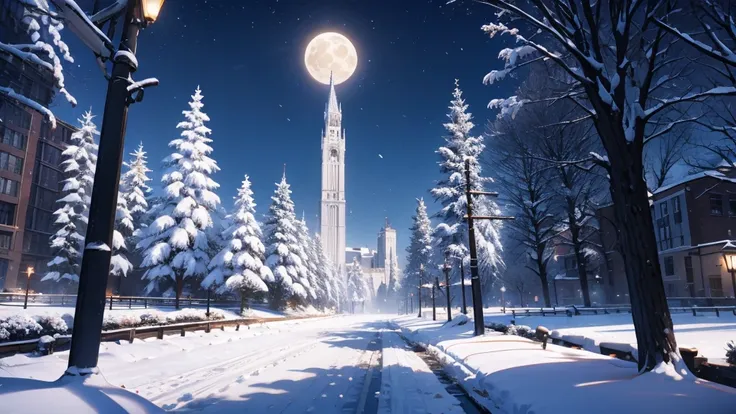 { "prompt": "A peaceful city covered in snow at night, with lush trees blanketed in white, glowing softly under the full moon. The moonlight reflects off the snow, casting a calm blueish hue on the streets and buildings. Tall trees with heavy branches stan...