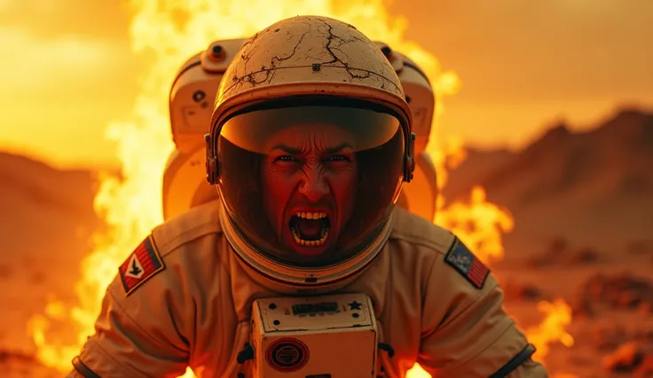 Close-up of an astronaut on the surface of Venus, with intense focus on the astronauts face inside a damaged spacesuit. The helmet is cracked, and the astronaut is engulfed in flames due to the planets extreme atmospheric pressure. The flames are fierce, s...