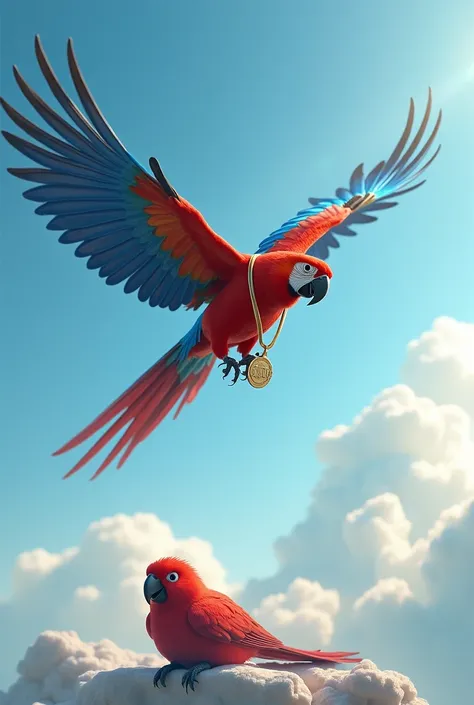 A macaw flying high after winning a competition against a red Bird, with a medal on its neck. The red Bird its dead