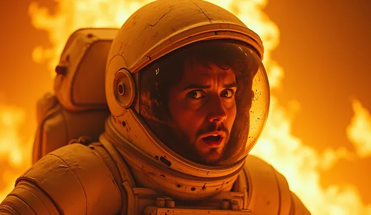 Close-up of an astronaut on the surface of Venus, with intense focus on the astronauts face inside a damaged spacesuit. The helmet is cracked, and the astronaut is engulfed in flames due to the planets extreme atmospheric pressure. The flames are fierce, s...