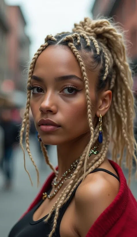 Close-up of a blonde girl with braids, dreadlocks or braids against the backdrop of a city street. Facial expression - confidence and style. 