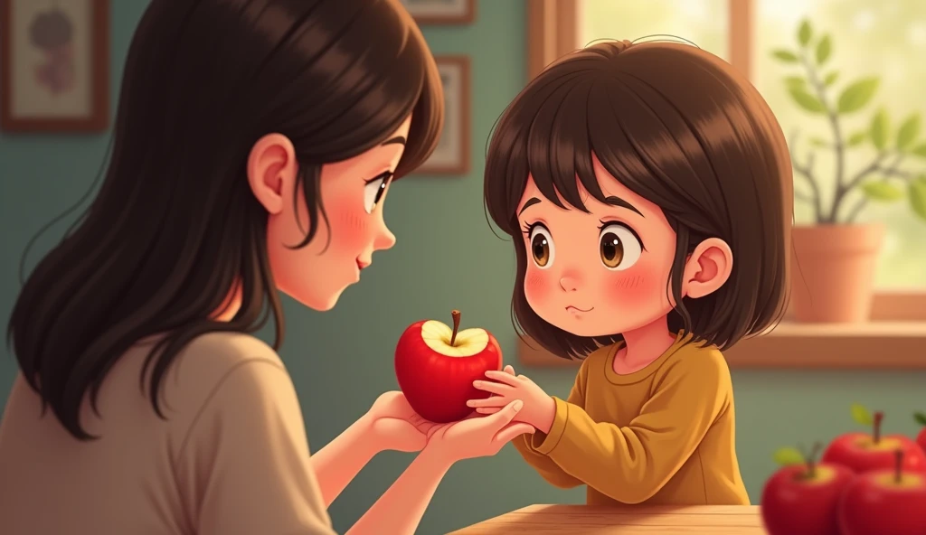 A girl gives the bitten apple to her mom