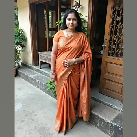 Realistic photo of Kerala female young ages 26 with average sized body and white skin tone.Realistic photo. in home. No ornaments. Full size photo. Wearing saree.Realistic photo.