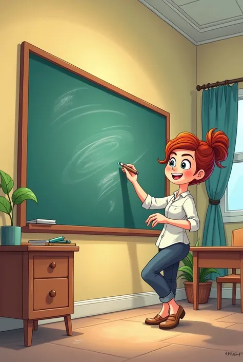 a simple sketch style cartoon of a teacher try writing with a chalk on a digital smart board 