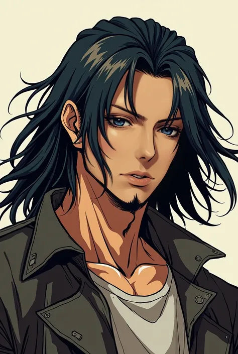 a male in his 30s have long chin length hair even from behind to front, look tough in manga style