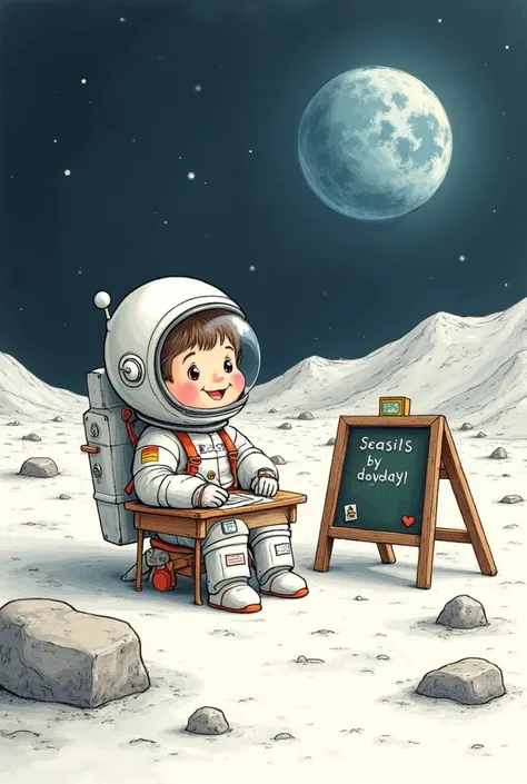 a simple sketch style cartoon of A child in a space suit attending a one-room schoolhouse on the moon
