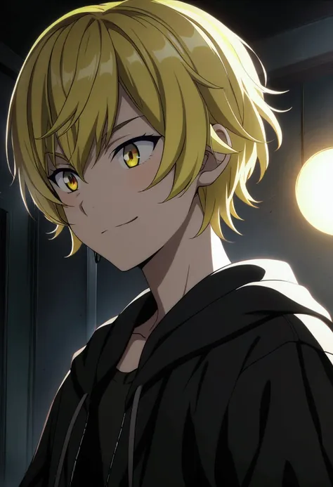 1boy, short hair, yellow hair, green highlights, golden eyes, sharp pupil, black sun glasses, mischievous smile, black clothes, teenage, CG, screenshot