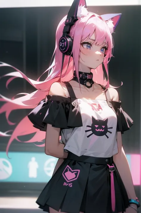 (absurdres), pretty girl, upper body,  slim body, perfect body, cat ear headphones, gal, long hair, mini skirt, shirt, collarbone, Harajuku punk fashion, off-shoulder, summer, [looking away:0.4], cyberpunk, 1855s, neon lights, park, [bustling street, Fishe...