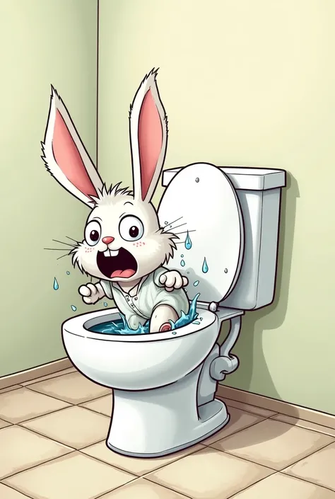 Cartoon rabbit in white flannel having diarrhea in the toilet