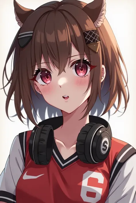 solo, {{Shortcuts}}、Brown Hair、Headphones around the neck、{{Be gender-ambiguous}}、Earrings、{{Jersey}}、Hime cut, Yandere, {{Earth Eye}}、Double teeth、Anime Style, Super detailed