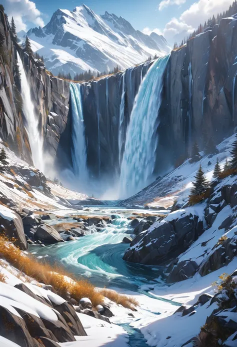 Super huge mountain、The Alps、Amazing views、Wonderful nature、Fantasy、Huge waterfall、High resolution、winter, Best Quality、masterpiece,best quality, 4k, 8k, highres, (masterpiece:1.2), ultra-detailed, (photo realistic,:1.37), 