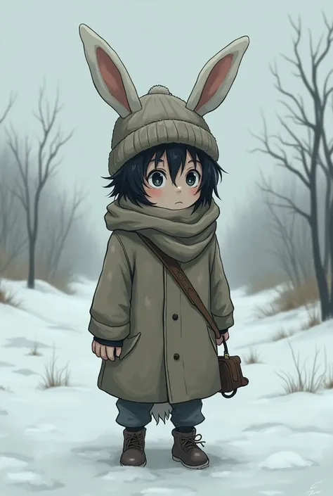 /img Anime guy with dark hair, bunny ears and bunny tail, wearing a hat and coat in winter. Poor and skinny, with snow all around him.