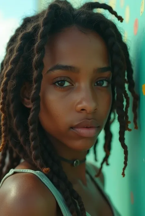 close up photo of a rasta young girl near a skate park | realistic detail, detailed character expressions | brooding mood | colors in acid green and pale cyan | amazing quality mobile lofi wallpaper | (analog film grain:1.2) | urban vibes | (intense sunlig...