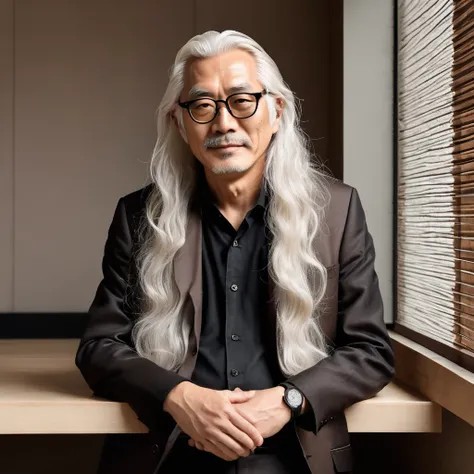 45 year japanese gentlean,very long wavy and white hair,wearing stenlist glasses,wearing a black t shirt leyared brown suit