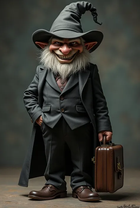 A well dressed and young gnome. He is wearing francy suit with rich details and carrying a briefcase. 
He is wearing a hat covering his eyes, but showinh a sinistra smile
He os clearly an evil gnome. 