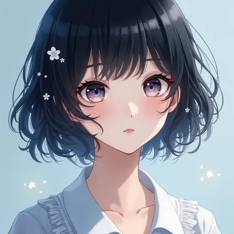 One girl, High resolution, short hair, Black hair, Simple background, High resolution, short hair, slight smile, Flower hair cheeks, blue , silvery 