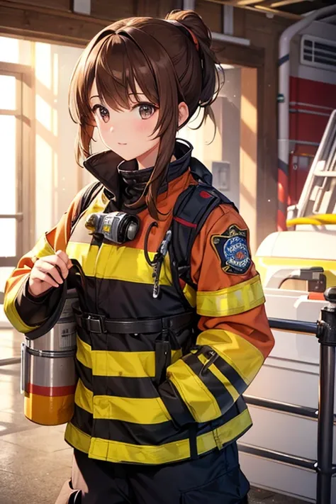 One girl, Brown hair ponytail, Firefighter