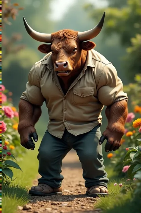 A brown bull standing at the garden wearing street clothes muscular body and angrily looking 