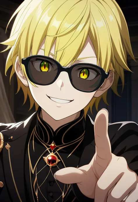 1boy, short hair, yellow hair, green highlights, golden eyes, sharp pupil, black sun glasses, mischievous smile, black clothes, CG, screenshot