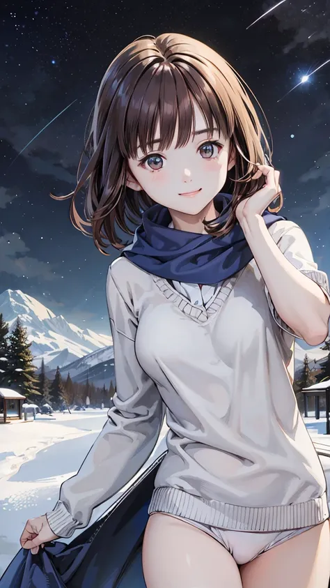 Nene Kasaki々、Shiny brown hair, Short Hair, (Beautiful brown eyes、Shining Eyes, fine grain)、smile、非常にFine grain、Highly detailed face, Fine grain, Night sky above the hills. winter, winter colors, winter landscape, Starry Sky, Sky color Prussian blue Cobalt ...