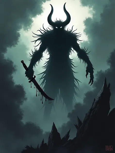 Demon Silhouette Emerging from Cloud: Design a jagged dark cloud, with a silhouette of a demon clawing its way out, holding a gleaming knife dripping black ink or blood.