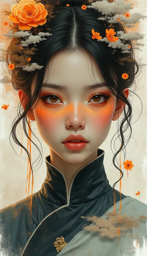 MeiyuCipher One girl&#39;s face portrait、Orange spike aura in motion, Damaged Chinese clothing, Floating objects, Trending on Art Station, Sharp focus, Intricate details, Very detailed, Detailed face (Ink and watercolor, Brushwork, Russ Mills and Yoji Shin...