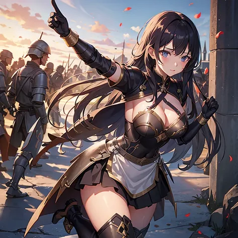 battlefield、Medieval、Massacre、A beautiful girl warrior wearing armour and bares her belly, fighting alongside a large group of soldiers、Medium breast、Metal Boots、apron