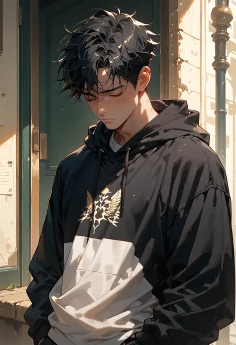 Best quality, masterpiece, Black hair, 1 male, white shirt, Black hooded sweatshirt, Standing , dark , Sleepy